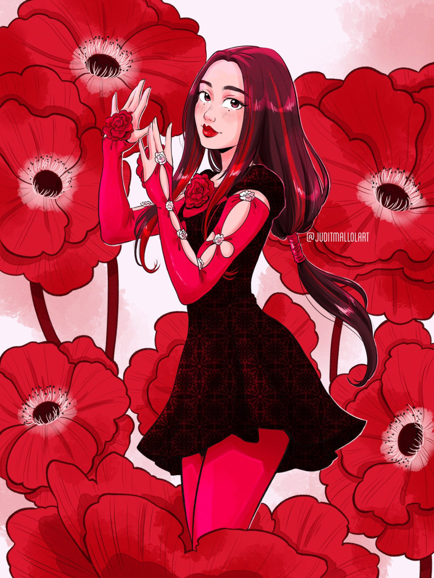 1girl black_dress blackpink dress english_commentary flower highres jisoo_(blackpink) judit_mallol looking_at_viewer low_ponytail pantyhose red_flower red_lips red_pantyhose red_rose red_streaks red_theme rose smile solo twitter_username