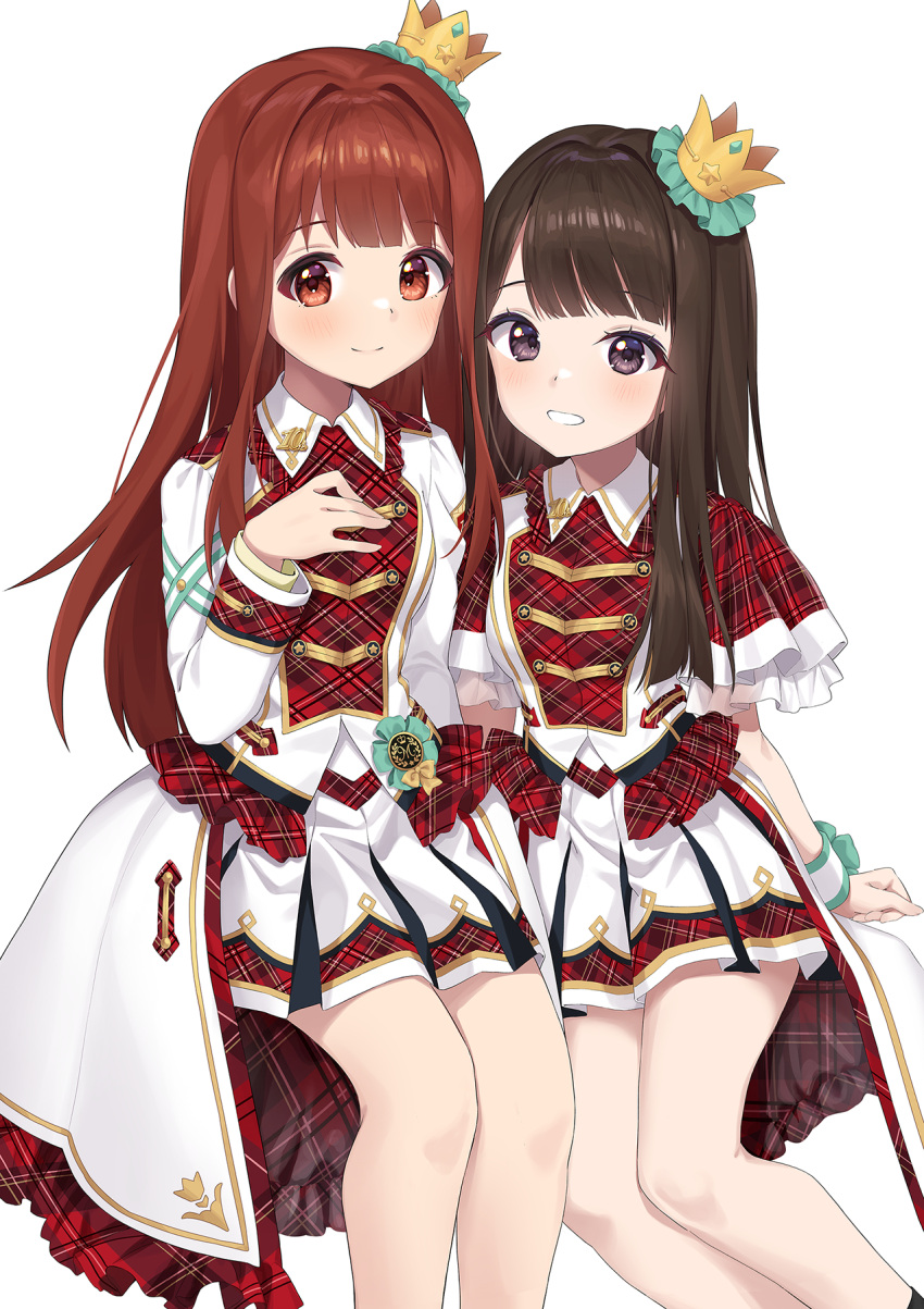 2girls animification black_hair blush brown_eyes brown_hair chobi_(penguin_paradise) closed_mouth collared_shirt commentary_request crown hand_up highres idolmaster idolmaster_million_live! long_hair long_sleeves looking_at_viewer mini_crown multiple_girls plaid plaid_shirt pleated_skirt real_life red_shirt shirt simple_background sitting skirt smile tanaka_kotoha taneda_risa tilted_headwear very_long_hair violet_eyes voice_actor white_background white_skirt