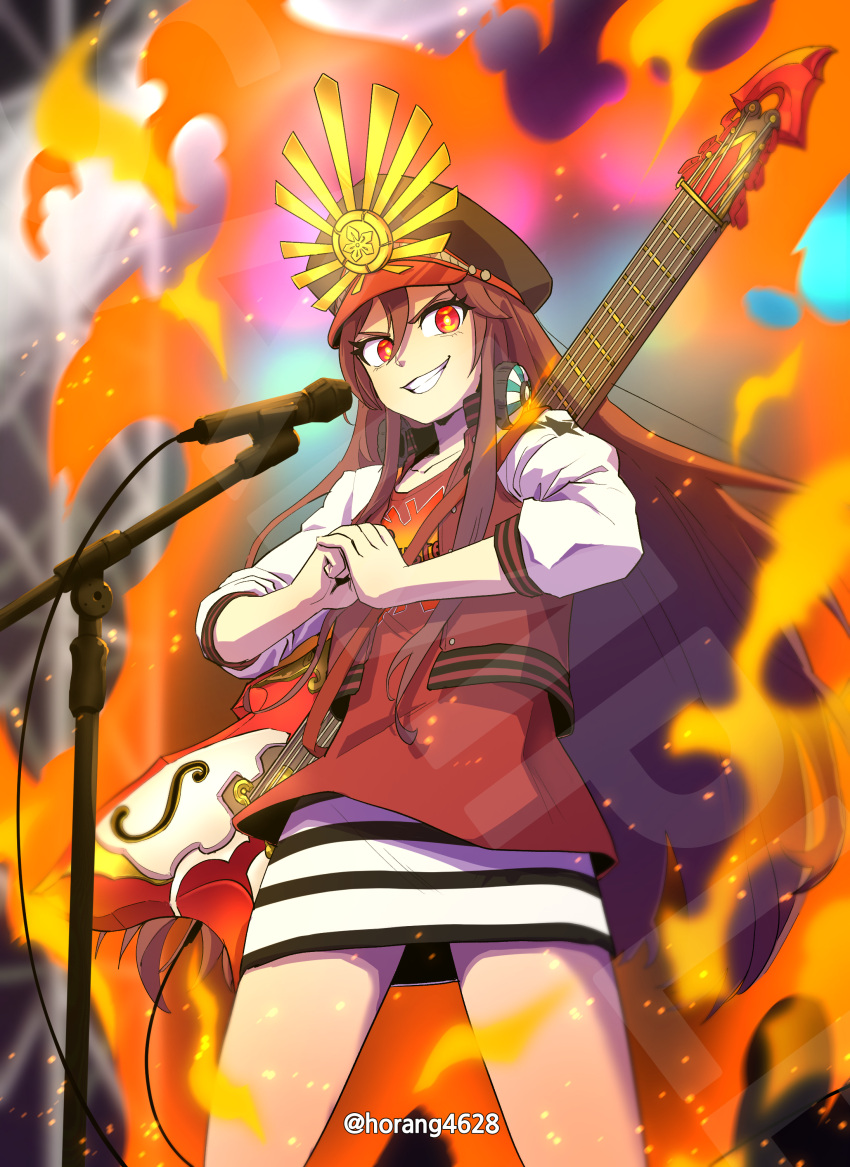 1girl absurdres black_headwear buster_shirt collarbone commentary commission embers english_commentary eyelashes fate/grand_order fate_(series) fire fist_in_hand grin headphones headphones_around_neck highres horang4628 long_sleeves looking_at_viewer microphone_stand oda_nobunaga_(fate) oda_nobunaga_(swimsuit_berserker)_(fate) skirt smile solo striped_clothes striped_skirt twitter_username watermark