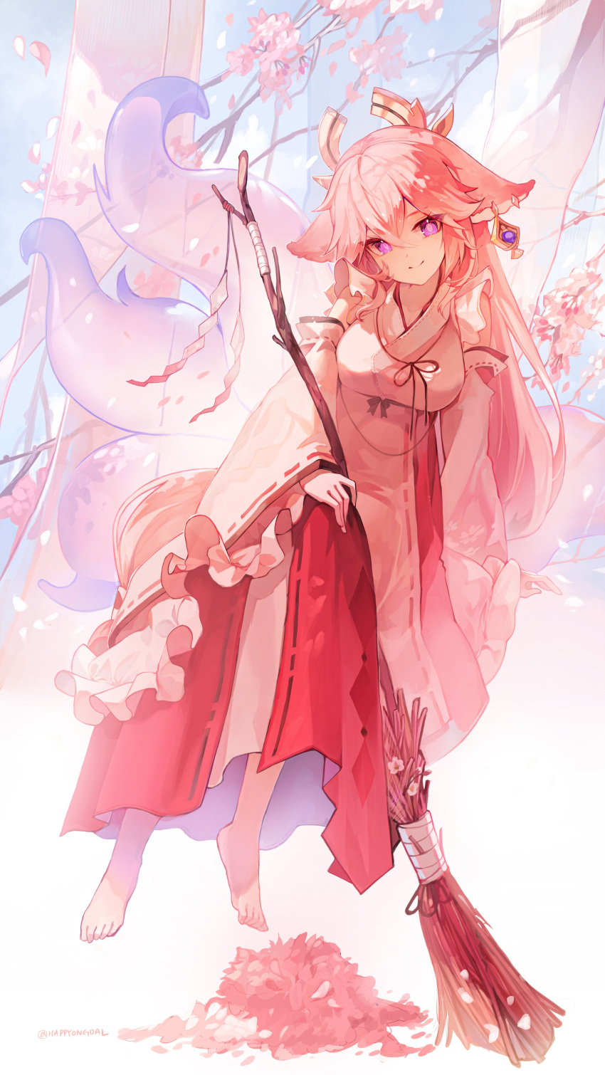 1girl absurdres animal_ears broom cherry_blossoms earrings genshin_impact happyongdal highres japanese_clothes jewelry miko multiple_tails pink_hair smile solo tail violet_eyes yae_miko