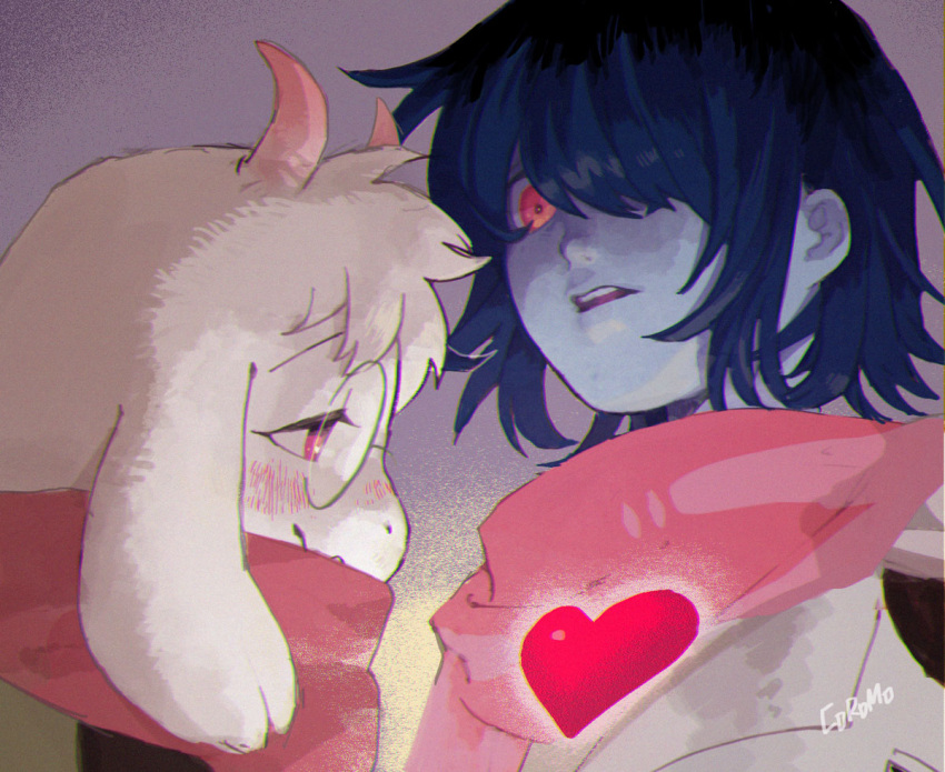 1boy 1other androgynous animal_ears artist_name blue_hair blue_skin blush body_fur colored_skin corogarucoromo deltarune from_below furry furry_male glasses goat_boy goat_ears goat_horns green-framed_eyewear heart horns kris_(deltarune) looking_at_another one_eye_covered open_mouth pink_eyes pink_scarf portrait profile purple_background ralsei red_eyes round_eyewear scarf short_hair signature simple_background smile white_fur wide-eyed