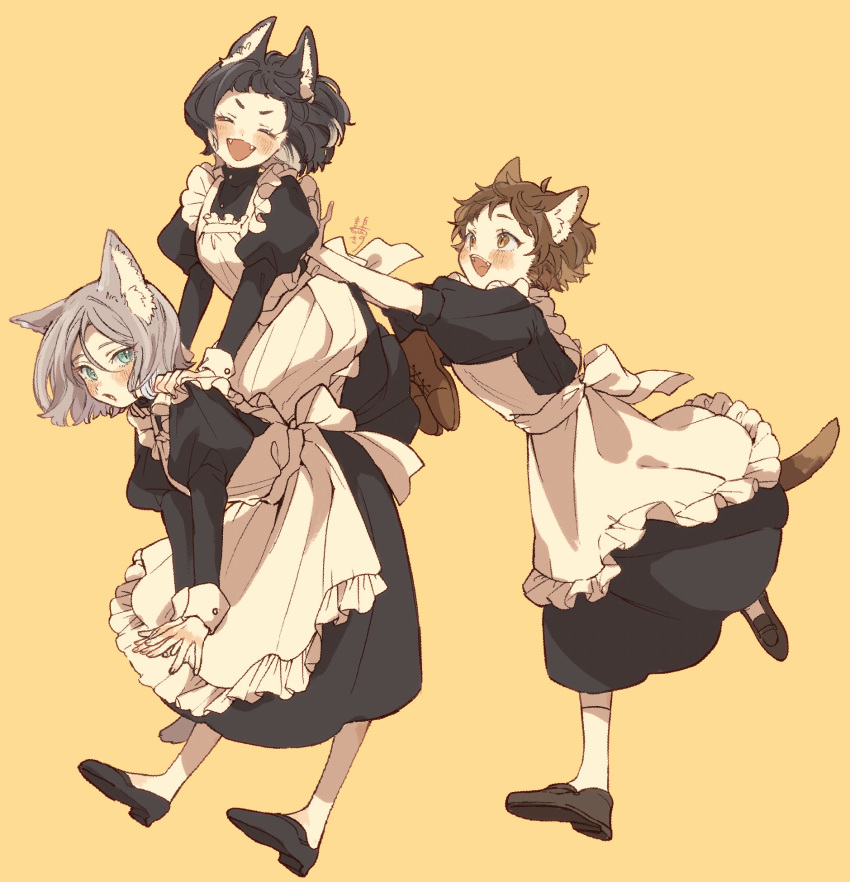 3girls :d :o animal_ear_fluff animal_ears apron aqua_eyes back_bow black_dress black_footwear black_hair bow brown_footwear brown_hair cat_ears cat_girl cat_tail closed_eyes commentary dress facing_viewer fangs frilled_apron frills from_side full_body grey_hair hands_on_another's_back hands_on_another's_shoulders highres juliet_sleeves kashima_kino kneehighs leaning_forward leg_up loafers long_sleeves looking_at_another maid maid_apron multiple_girls open_mouth original outstretched_arms own_hands_together puffy_sleeves pushing seiza shoes short_bangs short_hair simple_background sitting sitting_on_person slit_pupils smile socks tail v_arms white_apron white_socks yellow_background yellow_eyes
