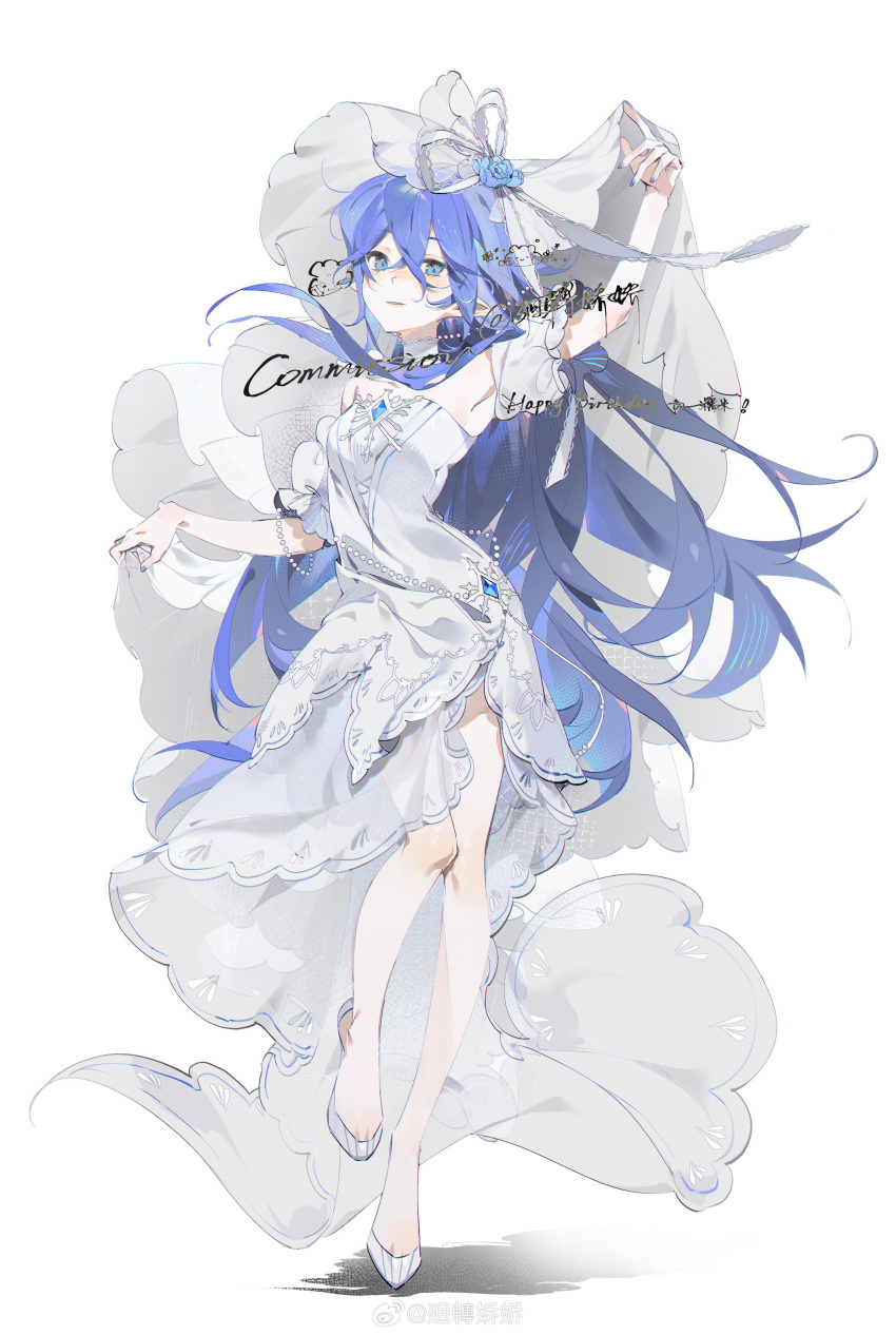 1girl absurdres arm_up armpits baiwei_lai bare_legs beads blanket blue_eyes blue_gemstone blue_hair chinese_commentary chinese_text commission diamond_(shape) dress flats full_body gem grey_nails hair_between_eyes highres index_finger_raised long_hair looking_at_viewer original parted_lips shadow sidelocks solo standing standing_on_one_leg tachi-e watermark weibo_logo weibo_username white_dress