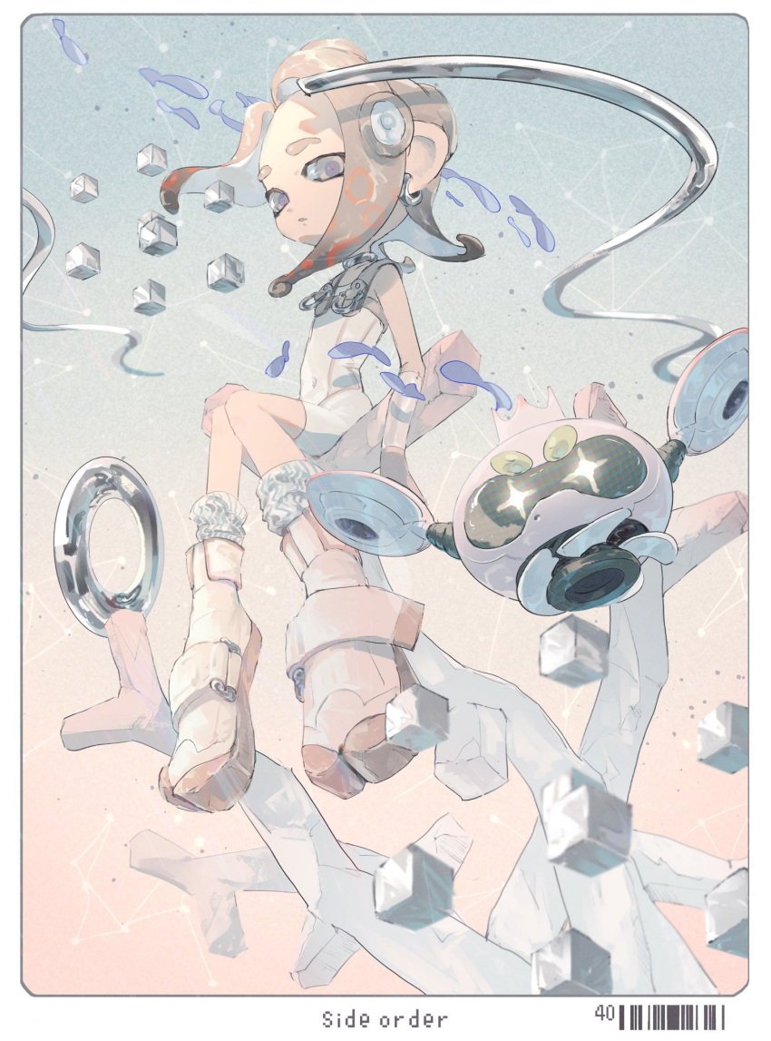 2girls agent_8_(splatoon) bodysuit boots brown_hair choker copyright_name coral crown drone earrings floating grey_choker grey_eyes grey_hair highres jewelry leg_warmers long_hair multicolored_hair multiple_girls non-humanoid_robot octoling octoling_girl octoling_player_character parted_lips pearl_drone_(splatoon) pppmepl robot sitting sleeveless sleeveless_bodysuit splatoon_(series) splatoon_3 splatoon_3:_side_order suction_cups tentacle_hair two-tone_hair white_bodysuit white_footwear white_leg_warmers