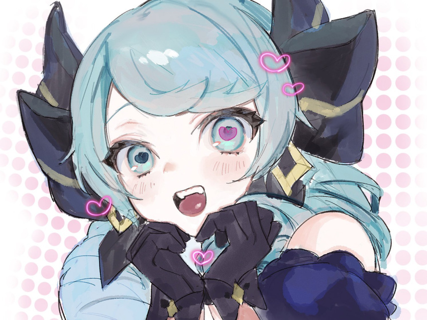 1girl :d bare_shoulders black_bow black_gloves blush bow detached_sleeves drill_hair fangs gloves green_hair gwen_(league_of_legends) hair_bow heart heart-shaped_pupils heart_hands league_of_legends nakiyande portrait puffy_short_sleeves puffy_sleeves short_sleeves smile solo swept_bangs symbol-shaped_pupils teeth twin_drills upper_teeth_only