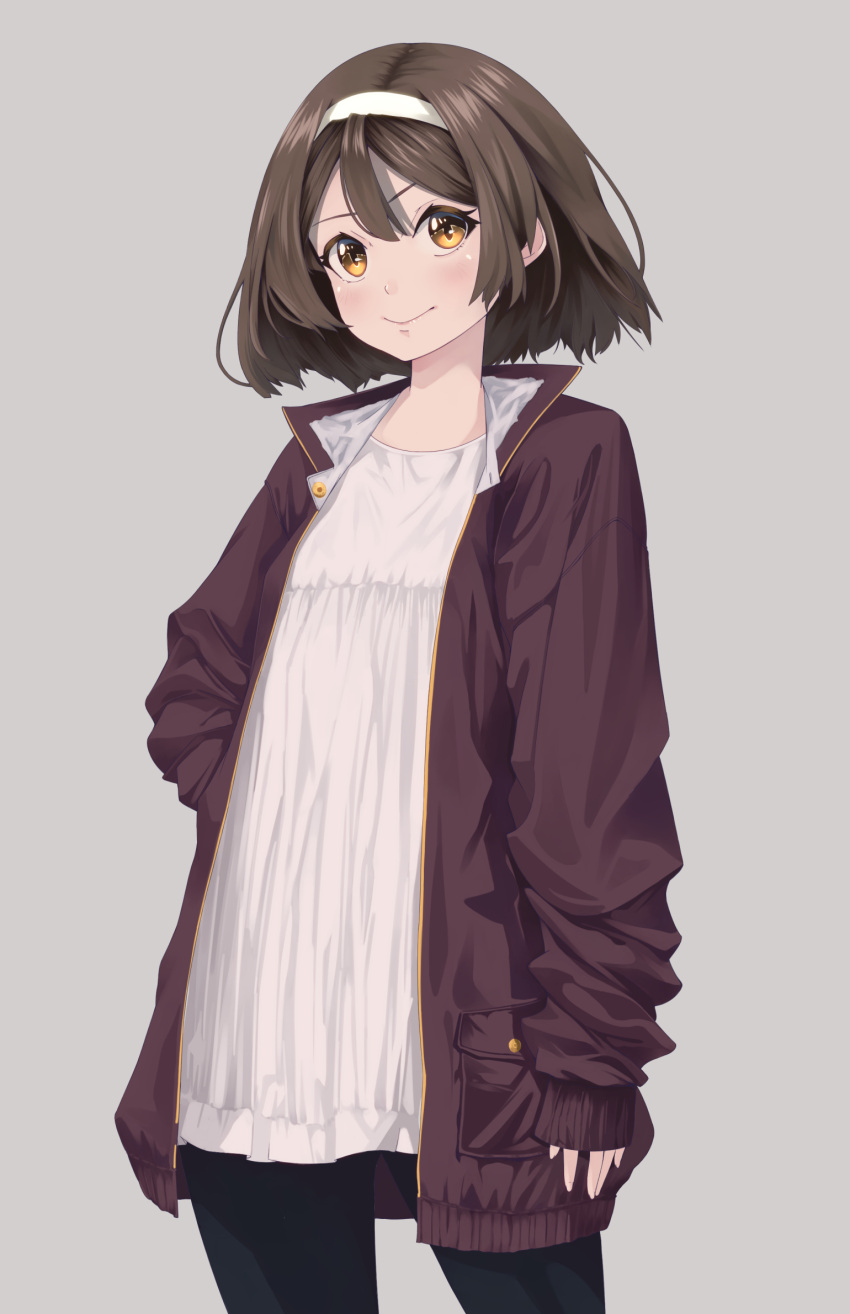 alternate_costume black_pantyhose breasts brown_hair brown_jacket closed_mouth grey_background hairband highres jacket kantai_collection long_sleeves looking_at_another medium_hair neko_no_hige orange_eyes pantyhose simple_background small_breasts smile tanikaze_(kancolle) white_hairband