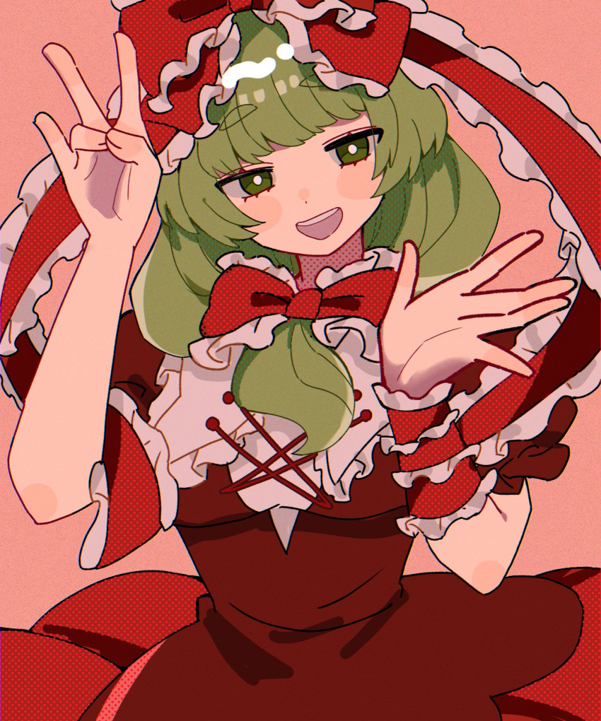 1girl arm_ribbon bow commentary_request dress frilled_bow frilled_ribbon frills front_ponytail green_eyes green_hair hair_bow hair_ribbon hands_up highres kagiyama_hina long_hair looking_at_viewer open_mouth pink_background red_bow red_dress red_ribbon ribbon shino8504 short_sleeves simple_background smile solo touhou upper_body