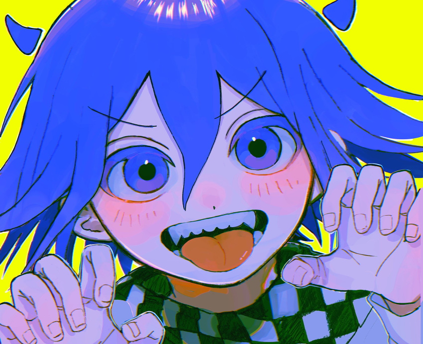 1boy blue_hair checkered_clothes checkered_scarf claw_pose danganronpa_(series) danganronpa_v3:_killing_harmony fangs hair_between_eyes highres jacket long_sleeves looking_at_viewer male_focus oma_kokichi open_mouth portrait scarf simple_background smile solo sunaba_asobi teeth tongue tongue_out violet_eyes yellow_background