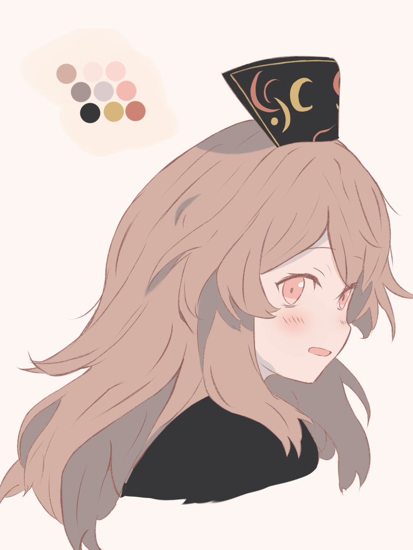 1girl absurdres black_dress black_headwear blush commentary_request crescent crescent_print dress hat highres iris-san junko_(touhou) light_brown_hair long_hair looking_at_viewer open_mouth phoenix_crown pink_eyes sidelocks simple_background solo touhou upper_body white_background