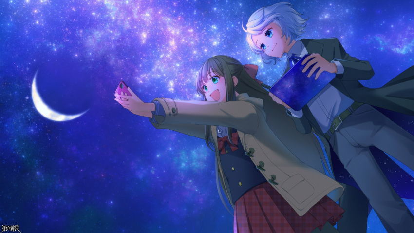 1boy 1girl :d black_suit blue_eyes bow brown_hair coat copyright_name crescent_moon dairoku_ryouhei fire_ito green_eyes hair_bow highres holding holding_phone holding_stylus holding_tablet_pc kousou_luna long_sleeves moon night outdoors phone plaid plaid_skirt red_bow red_skirt school_uniform skirt smile stylus suit sunset_graeme tablet_pc unmoving_pattern white_hair