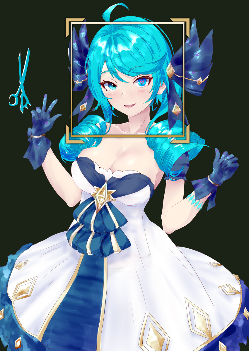1girl absurdres ahoge black_background black_bow black_gloves blue_eyes blue_hair bow breasts collarbone commentary dress drill_hair gloves gwen_(league_of_legends) hair_ornament hand_up highres league_of_legends puffy_sleeves scissors simple_background solo stella_splitter tagme twin_drills twintails