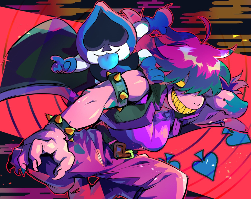 1boy 1girl :3 ahoge ankle_boots armlet belt black_jacket blue_footwear blue_gloves blue_tongue boots bracelet colored_sclera colored_skin colored_tongue constricted_pupils crazy_grin deltarune feet_out_of_frame fingernails floating_hair furry furry_female gloves grin highres hirameman jacket jewelry lancer_(deltarune) long_hair multicolored_background neon_palette open_clothes open_jacket pants pink_skin purple_hair purple_pants purple_shirt sharp_fingernails sharp_teeth shirt sleeveless sleeveless_jacket smile snout spade_(shape) spiked_armlet spiked_bracelet spikes standing_on_person susie_(deltarune) teeth tongue tongue_out yellow_sclera yellow_teeth