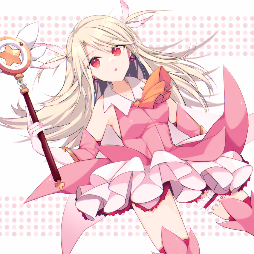 1girl :o bare_shoulders chronica_(chr0nica) commentary earrings fate/kaleid_liner_prisma_illya fate_(series) feather_hair_ornament feathers gloves hair_ornament highres holding holding_wand illyasviel_von_einzbern jewelry magical_girl magical_ruby prisma_illya red_eyes simple_background solo wand