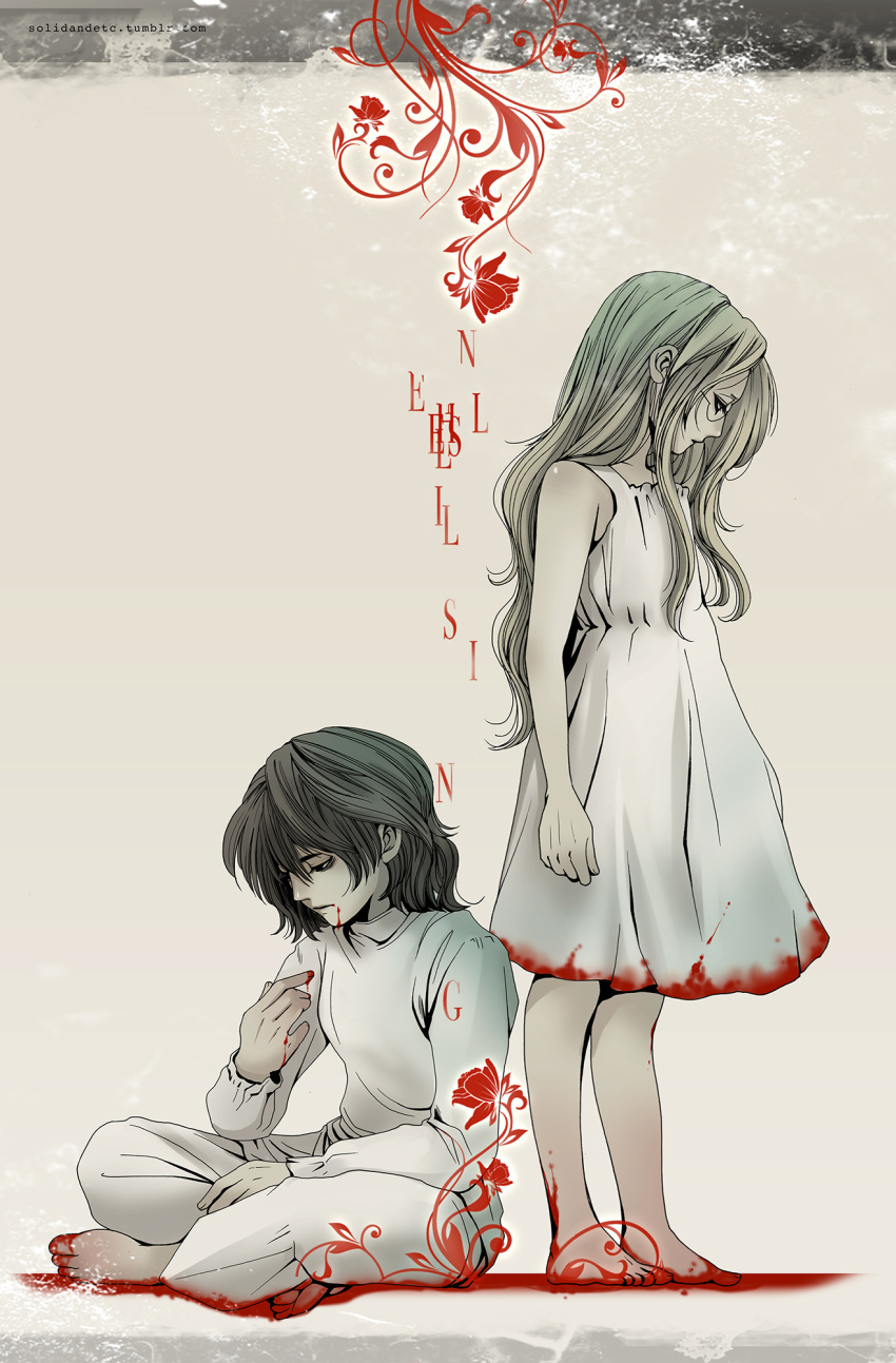 1boy 1girl aged_down alucard_(hellsing) barefoot blonde_hair blood blood_on_clothes blood_on_face blood_on_feet blood_on_hands child commentary_request copyright_name dress glasses hellsing highres indian_style integra_hellsing medium_dress sitting toshimichi_yukari white_dress