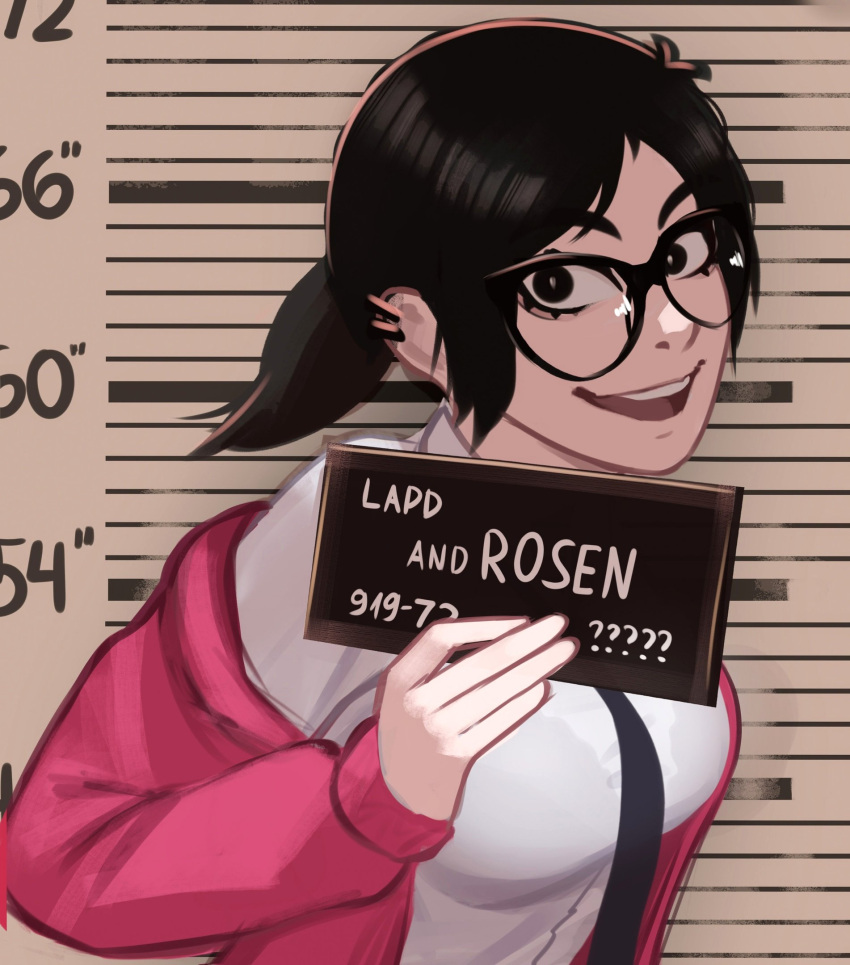 1girl barbie_mugshot_(meme) black-framed_eyewear black_eyes black_hair bra_visible_through_clothes breasts cardigan character_name dress_shirt earclip excited glasses height_chart height_mark highres holding holding_sign large_breasts looking_at_viewer meme mugshot nameplate necktie off_shoulder open_cardigan open_clothes open_mouth original pink_cardigan ponytail shirt sign upper_body veyonis white_shirt wide-eyed