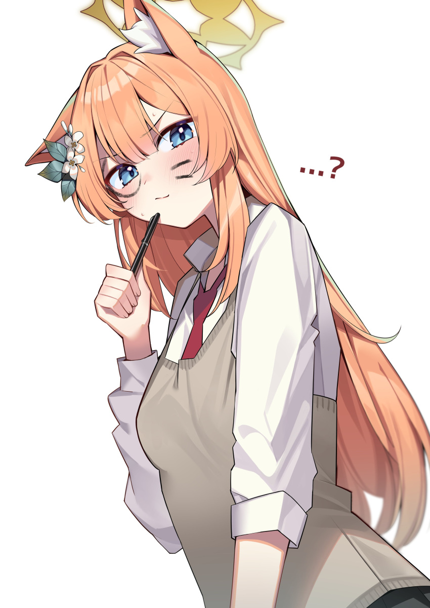 ...? 1girl absurdres alternate_costume animal_ear_fluff animal_ears blue_archive blue_eyes blush brown_sweater closed_mouth commentary confused fox_ears fox_girl hair_between_eyes highres long_hair long_sleeves looking_at_viewer mari_(blue_archive) muo_(muojjang_0929) school_uniform shirt simple_background solo sweater symbol-only_commentary v-shaped_eyebrows white_background white_shirt