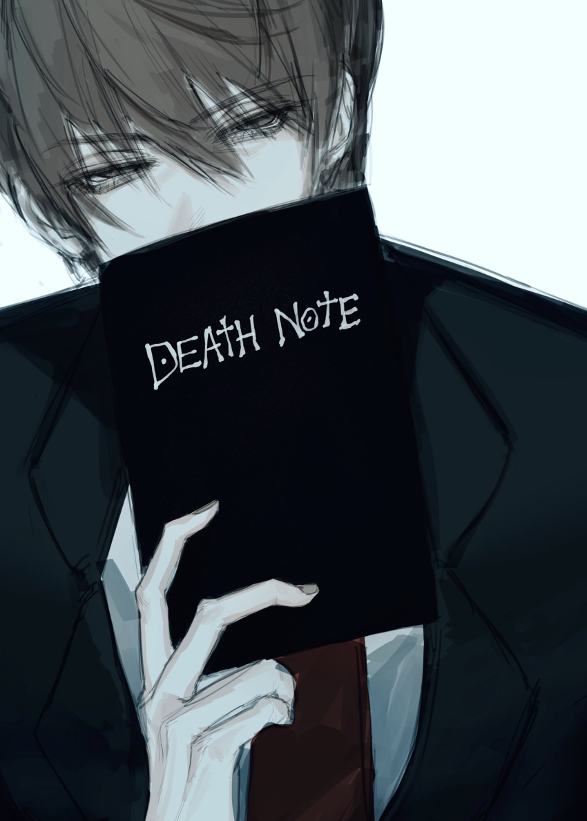 1boy absurdres book brown_eyes brown_hair copyright_name death_note death_note_(object) falsa_azu hair_between_eyes half-closed_eyes head_tilt highres holding holding_book looking_at_viewer male_focus pale_skin short_hair simple_background sketch solo upper_body white_background yagami_light