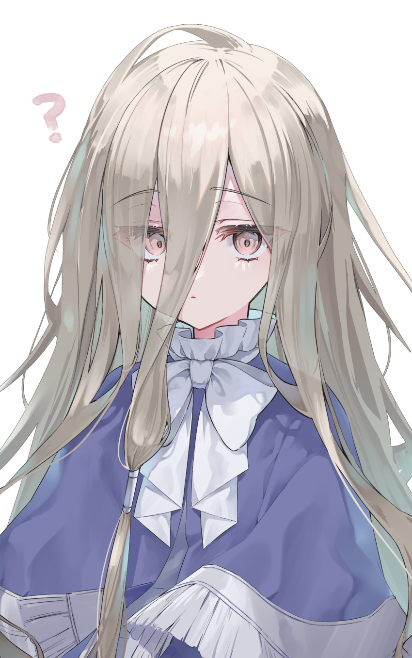 1girl ? absurdly_long_hair ascot blue_capelet brown_eyes brown_hair capelet commentary_request expressionless frills hair_between_eyes highres long_hair looking_at_viewer omotikaeri sense_(sousou_no_frieren) simple_background solo sousou_no_frieren very_long_hair white_ascot white_background