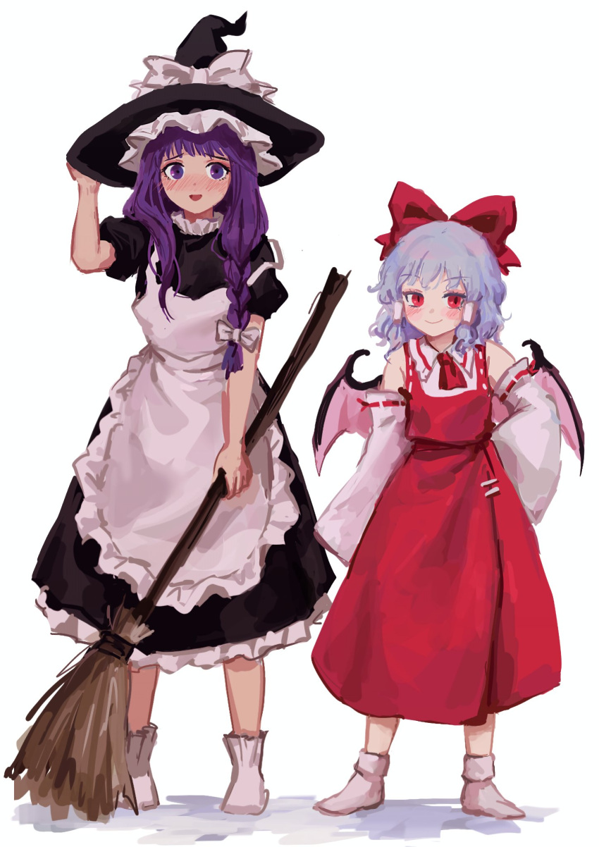 2girls apron ascot bat_wings black_dress blue_hair blush bow braid broom collared_shirt commentary cosplay detached_sleeves dress embodiment_of_scarlet_devil english_commentary frilled_dress frilled_headwear frills full_body hair_bow hair_tubes hakurei_reimu hakurei_reimu_(cosplay) hand_on_own_hip hat height_difference highres himuhino holding holding_broom kirisame_marisa kirisame_marisa_(cosplay) long_hair looking_at_viewer medium_hair multiple_girls nose_blush patchouli_knowledge purple_hair red_ascot red_eyes red_skirt remilia_scarlet shirt short_sleeves side_braid simple_background single_braid skirt smile socks strap_slip touhou violet_eyes white_apron white_background white_bow white_sleeves white_socks wings witch_hat