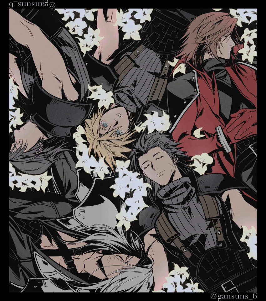 5boys absurdres angeal_hewley armor belt black_border black_coat black_hair blonde_hair border brown_hair chest_strap chinstrap_beard closed_eyes cloud_strife coat crisis_core_final_fantasy_vii facial_hair final_fantasy final_fantasy_vii flower flower_bed genesis_rhapsodos gloves grey_hair grey_shirt hair_slicked_back highres lily_(flower) long_hair looking_at_viewer lying male_focus medium_hair multiple_belts multiple_boys on_back on_side own_hands_together parted_bangs red_coat red_gloves roku_(gansuns) scar scar_on_cheek scar_on_face sephiroth shirt short_hair shoulder_armor sideburns sleeping sleeveless sleeveless_turtleneck spiky_hair suspenders turtleneck twitter_username upper_body white_flower zack_fair