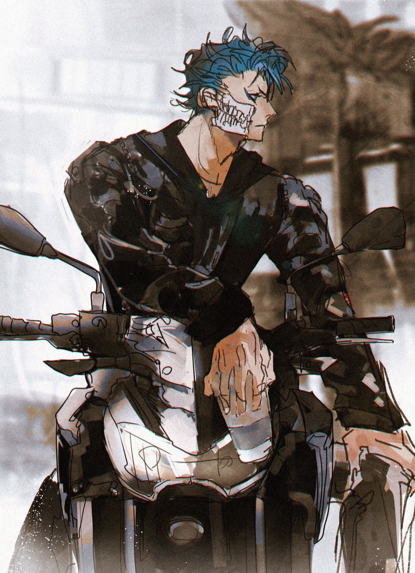 1boy akahata biker_clothes black_jacket black_pants bleach blue_hair closed_mouth collarbone cup grimmjow_jaegerjaquez hand_on_own_knee highres holding holding_cup jacket long_sleeves looking_to_the_side male_focus motor_vehicle motorcycle on_motorcycle outdoors pants short_hair solo