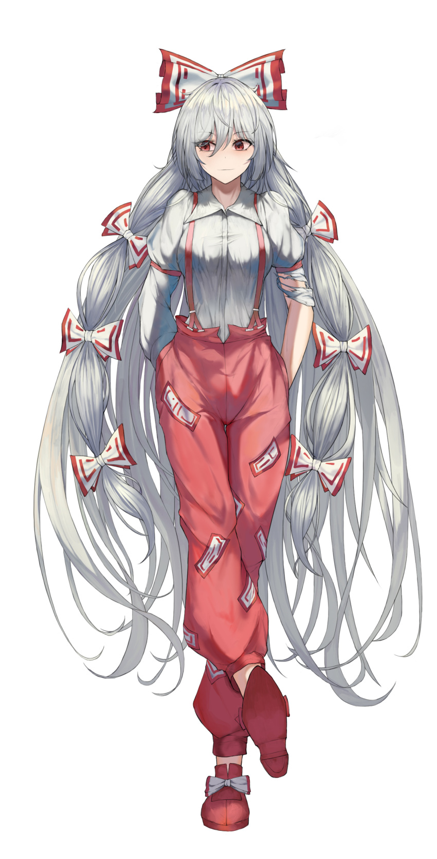 1girl absurdres bow collared_shirt commentary footwear_bow fujiwara_no_mokou full_body grey_hair hair_bow highres long_hair looking_to_the_side ofuda ofuda_on_clothes pants ponko77144921 red_eyes red_footwear red_pants shirt simple_background solo touhou very_long_hair white_background white_bow white_shirt