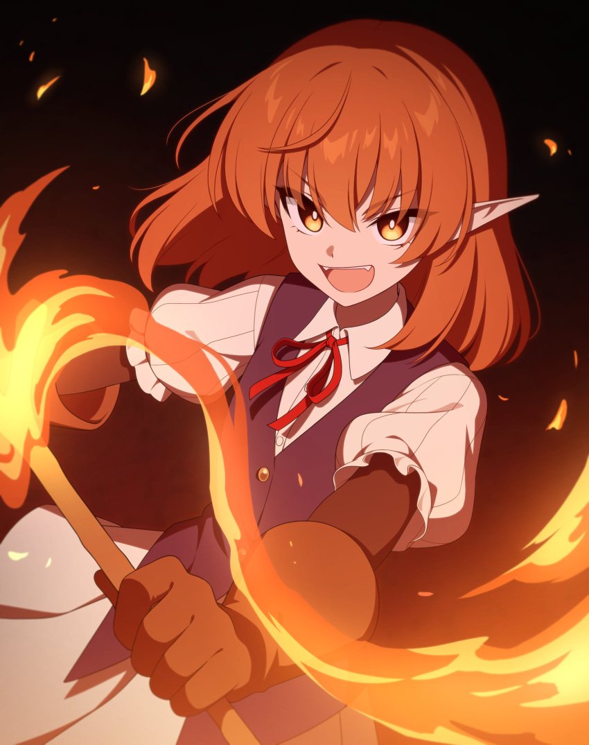 1girl absurdres blue_vest bright_pupils brown_gloves child_(isoliya) collared_shirt commentary embers fire gloves hair_between_eyes helck highres holding holding_torch long_hair long_pointy_ears medium_hair neck_ribbon open_mouth orange_eyes outstretched_arms pleated_skirt pointy_ears puffy_short_sleeves puffy_sleeves red_ribbon redhead ribbon shirt short_sleeves skirt smile solo symbol-only_commentary teeth torch upper_teeth_only v-shaped_eyebrows vermilio_(helck) vest white_pupils white_shirt white_skirt yellow_eyes