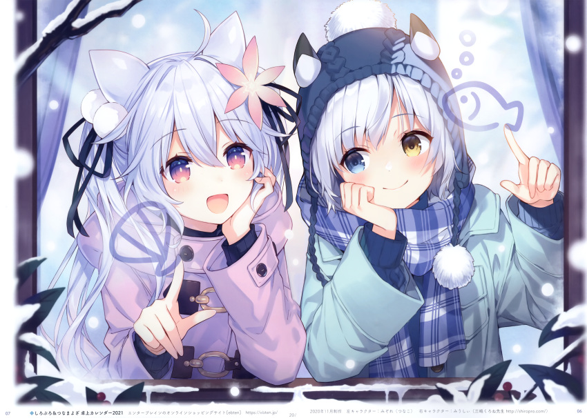 2girls absurdres ahoge blue_eyes blush branch brown_eyes buttons closed_mouth coat hair_ornament hand_on_own_face hand_up heterochromia highres looking_to_the_side multiple_girls open_mouth original page_number pom_pom_(clothes) scan scarf smile snow snowing tsunako twintails upper_body violet_eyes white_hair window winter_clothes winter_coat