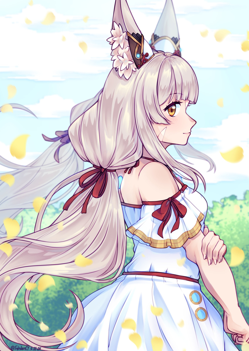 1girl absurdres animal_ear_fluff animal_ears artist_name bare_shoulders blue_sky blunt_bangs cat_ears closed_mouth clouds dated dress english_commentary eyelashes falling_petals fehden grabbing_own_arm grey_hair highres long_hair nia_(xenoblade) off-shoulder_dress off_shoulder outdoors petals sky solo twitter_username white_dress xenoblade_chronicles_(series) xenoblade_chronicles_2 yellow_eyes