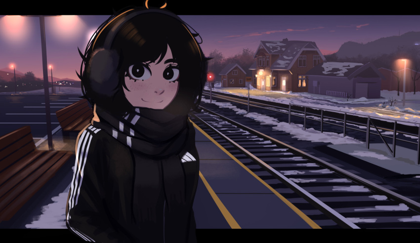 1girl absurdres adidas bare_tree bench black_eyes black_hair black_jacket black_scarf building clouds commentary earmuffs freckles highres jacket lantern messy_hair mountain night night_sky norway original outdoors parking_lot railroad_signal railroad_tracks real_world_location scarf scenery sign sky snow solo tomboy train_station train_station_platform tree veyonis winter winter_clothes yuna_(veyonis)