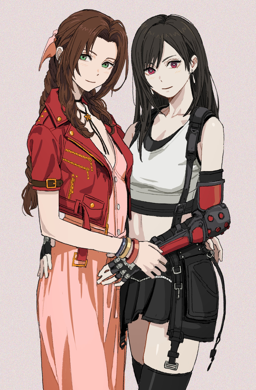 2girls absurdres aerith_gainsborough arm_around_waist black_hair black_thighhighs braid braided_ponytail brown_hair closed_mouth commentary crop_top dress earrings eyelashes final_fantasy final_fantasy_vii final_fantasy_vii_rebirth final_fantasy_vii_remake fingerless_gloves gloves green_eyes grey_background hair_ribbon highres holding_another's_wrist jacket jewelry looking_at_viewer multiple_girls navel necklace pink_dress pink_eyes pink_ribbon red_jacket ribbon shiren_(ourboy83) skindentation skirt smile standing suspender_skirt suspenders thigh-highs tifa_lockhart upper_body zettai_ryouiki