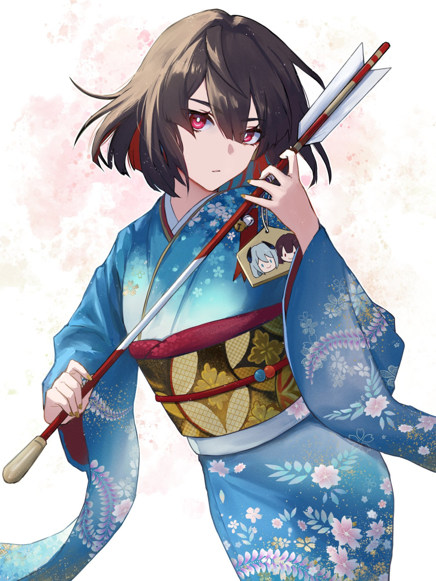 1girl :/ arrow_(projectile) blue_kimono brown_hair colored_inner_hair contrapposto cowboy_shot ema floral_print hair_between_eyes hamaya highres holding holding_arrow honkai:_star_rail honkai_(series) japanese_clothes kimono long_sleeves looking_at_viewer michiko_(ui29) multicolored_hair obi parted_lips print_kimono red_eyes redhead sash short_hair sidelocks simple_background solo white_background wide_sleeves xueyi_(honkai:_star_rail)