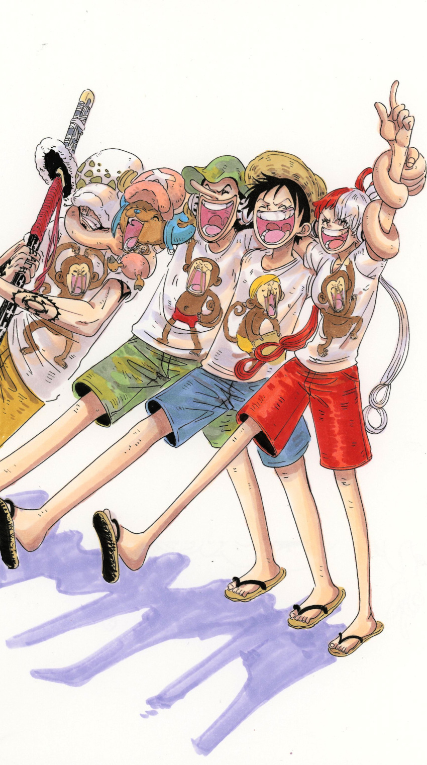 1girl 4boys ^_^ absurdres annoyed bare_legs black_hair blue_shorts breasts casual closed_eyes closed_mouth disgust fengcheche grabbing grabbing_from_behind green_hair green_shorts grin hair_ribbon happy hat headphones highres holding holding_sword holding_weapon hug index_finger_raised long_nose monkey monkey_d._luffy multicolored_hair multiple_boys oda_eiichirou_(style) official_style one_piece open_mouth pointing pointing_up print_shirt red_shorts redhead ribbon sandals scar scar_on_cheek scar_on_chest scar_on_face shadow shirt short_hair short_sleeves shorts simple_background smile smug straw_hat sword teeth tony_tony_chopper trafalgar_law two-tone_hair usopp uta_(one_piece) weapon white_background white_hair white_shirt yellow_shorts