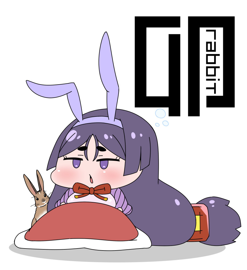 1girl absurdres animal_ears blanket chibi commentary fake_animal_ears fate/grand_order fate_(series) hairband highres long_hair low-tied_long_hair minamoto_no_raikou_(fate) parted_bangs purple_hair purple_hairband rabbit rabbit_ears rei_(rei_rr) solo symbol-only_commentary very_long_hair violet_eyes