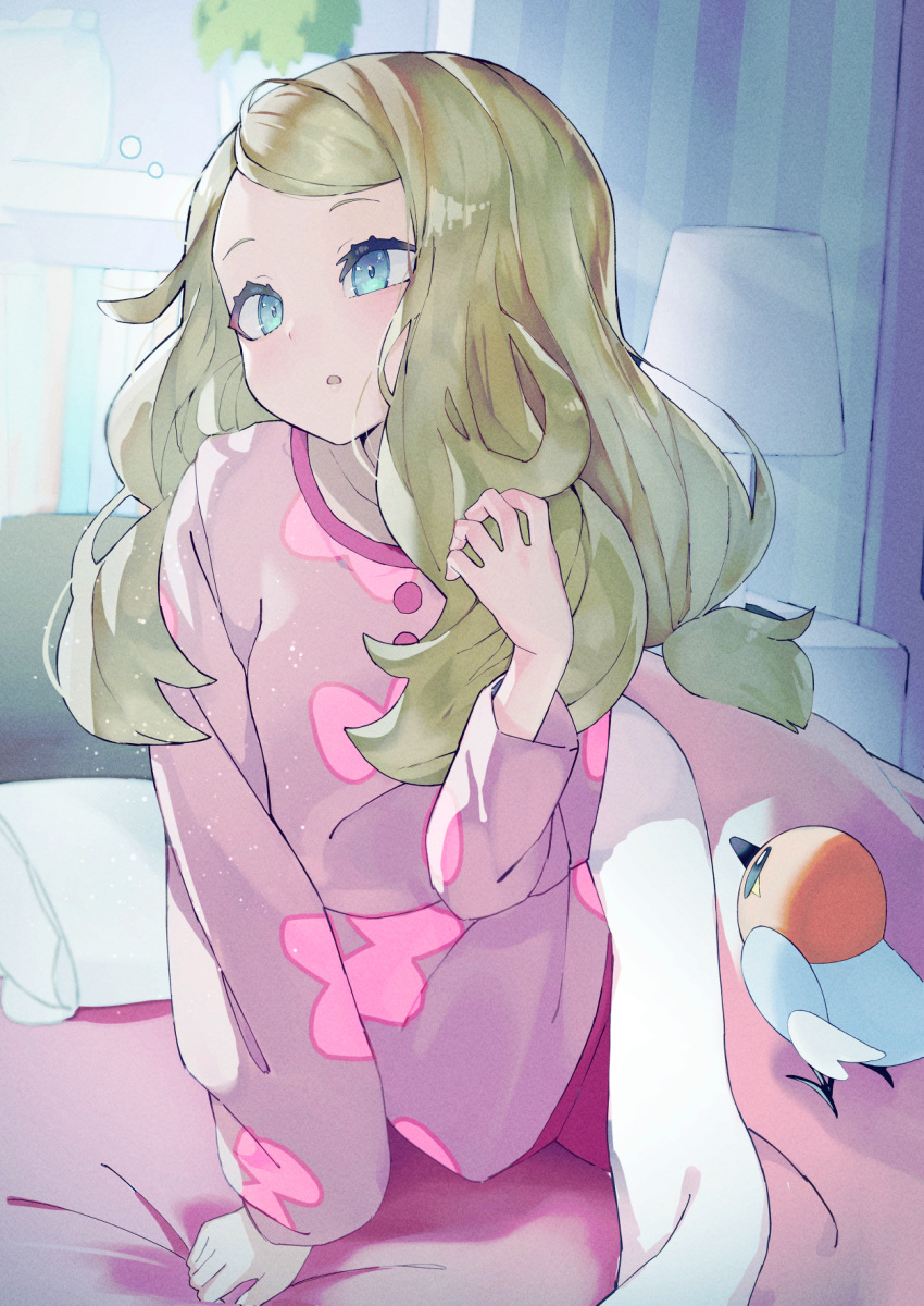 1girl aqua_eyes arm_support bird blonde_hair commentary_request fletchling hand_up highres indoors lampshade long_hair long_sleeves pajamas pants parted_lips pillow pokemon pokemon_(creature) pokemon_xy purple_pants purple_shirt rindoriko serena_(pokemon) shirt sleepy squeans under_covers