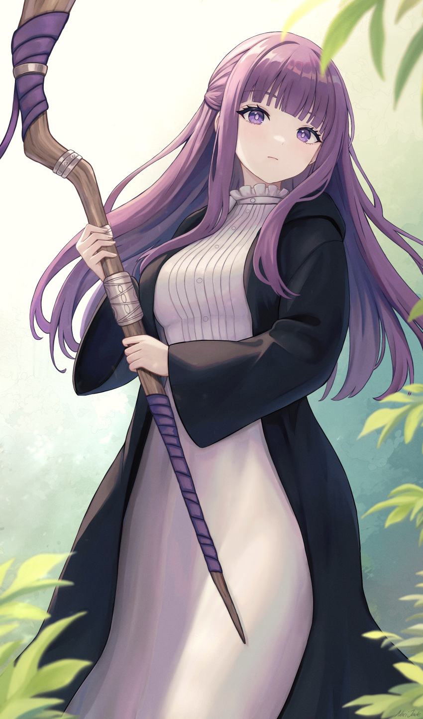 1girl absurdres black_coat blunt_bangs closed_mouth coat commentary dress english_commentary expressionless fern_(sousou_no_frieren) half_updo highres holding holding_staff long_coat long_hair long_sleeves looking_at_viewer narijade outdoors plant purple_hair solo sousou_no_frieren staff straight_hair violet_eyes white_dress