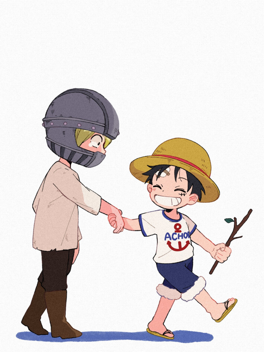 2boys ^_^ black_hair black_pants blonde_hair boots branch brown_footwear child closed_eyes crying fur-trimmed_shorts fur_trim grin helmet highres holding holding_branch holding_hands injury male_focus monkey_d._luffy multiple_boys one_piece pants sandals sanji_(one_piece) shirt short_hair short_sleeves shorts smile walking white_background white_shirt yuyuyu9526
