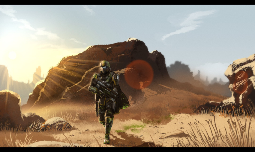 ambiguous_gender armor battle_rifle black_cape blood blood_on_clothes bulletproof_vest cape commentary english_commentary full_body green_blood gun haonfest helldiver_(helldivers) helldivers_(series) helmet highres landscape lens_flare pauldrons rifle science_fiction shoulder_armor solo walking weapon