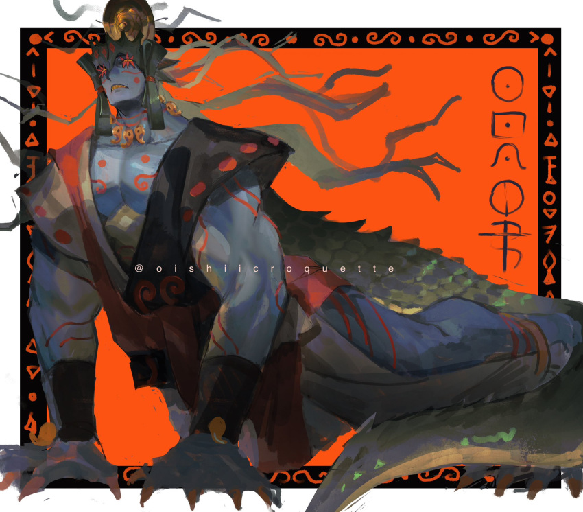 1boy all_fours animal_feet animal_hands anklet artist_name blue_skin body_markings bracer claws colored_sclera colored_skin colored_teeth fish_boy full_body highres jewelry lizard_tail looking_at_viewer male_focus monster_boy orange_background orange_eyes original pelvic_curtain r.turbee sharp_teeth short_sleeves solo tail teeth toned toned_male twitter_username webbed_hands yellow_eyes yellow_sclera yellow_teeth