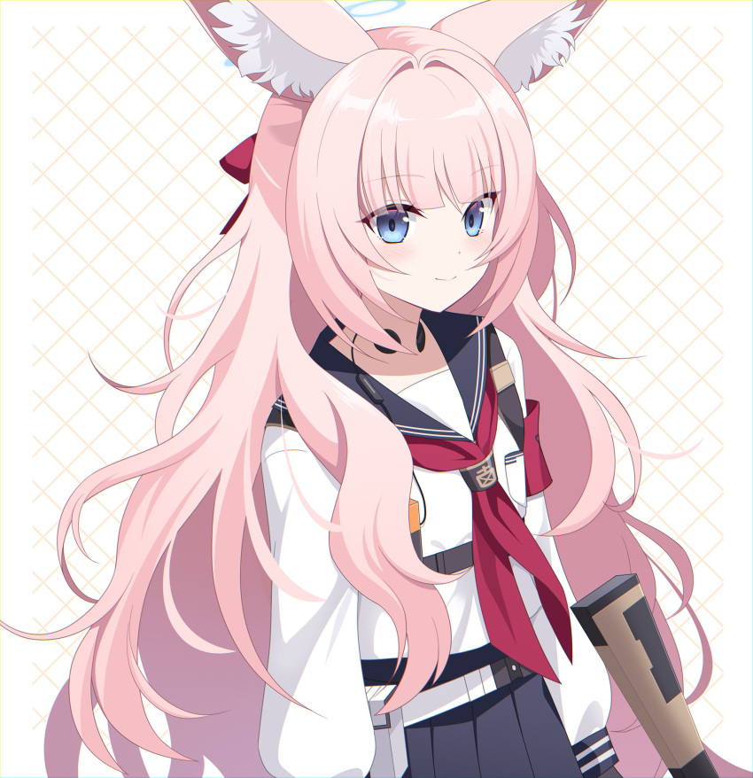 1girl alternate_hair_length alternate_hairstyle animal_ear_fluff animal_ears blue_archive blue_eyes blue_halo blush bow closed_mouth eko fox_ears fox_girl hair_bow half_updo halo highres looking_at_viewer niko_(blue_archive) pink_hair red_bow smile solo