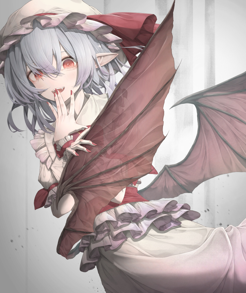 1girl absurdres bat_wings blue_hair commentary dress fangs frilled_dress frills hand_to_own_mouth hat highres leaning_to_the_side looking_at_viewer medium_hair mob_cap open_mouth pointy_ears red_eyes red_nails red_sash remilia_scarlet sash short_sleeves smile solo touhou tqg_07 white_dress white_headwear wings