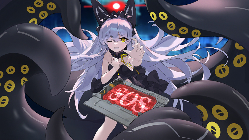 1girl animal_ear_headwear azur_lane bare_legs bare_shoulders black_dress blush breasts bright_pupils clenched_teeth crying crying_with_eyes_open curly_hair dress frilled_headwear game_cg glowing hair_between_eyes hair_over_one_eye hand_on_own_chest hat highres long_hair looking_at_viewer observer_alpha_(azur_lane) official_art petite reaching reaching_towards_viewer rigging siren_(azur_lane) sleeveless sleeveless_dress small_breasts solo sos tears teeth tentacles very_long_hair white_hair white_pupils yellow_eyes
