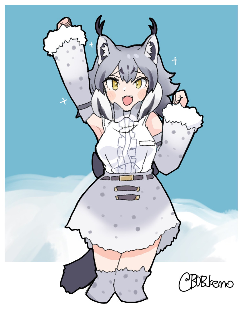 1girl animal_print arm_up b0b_kemo bare_shoulders blush bow bowtie canadian_lynx_(kemono_friends) cat_print center_frills detached_sleeves elbow_gloves frills gloves grey_bow grey_bowtie grey_hair grey_skirt grey_sleeves grey_thighhighs hair_between_eyes high-waist_skirt highres kemono_friends looking_at_viewer multicolored_hair open_mouth print_skirt print_sleeves print_thighhighs shirt short_hair skirt smile solo thigh-highs white_hair white_shirt yellow_eyes zettai_ryouiki