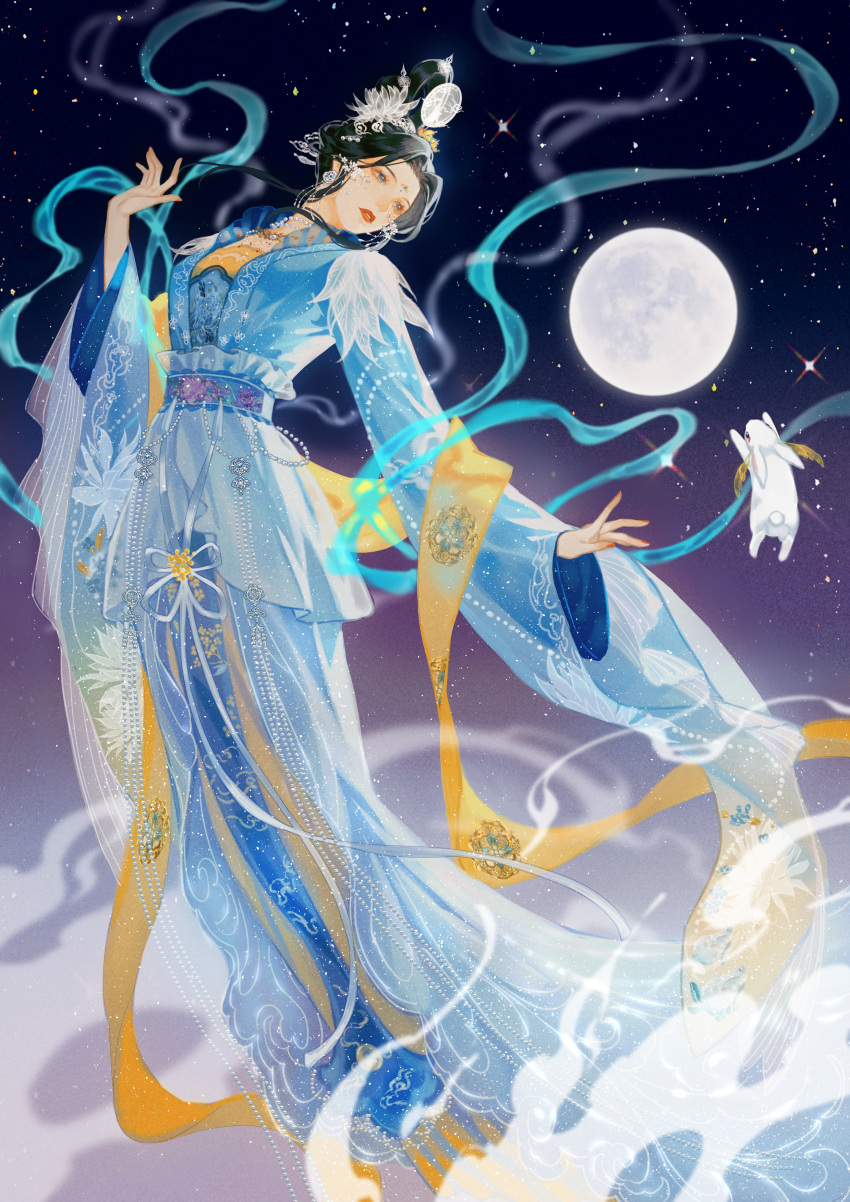 1girl absurdres black_hair blue_dress blue_eyes blue_sash chinese_clothes clouds dress duijin_ruqun earrings epiphyllum floral_print flower forehead_jewel full_body full_moon hagoromo hair_bun hair_flower hair_ornament hand_up hanfu highres jewelry layered_sleeves life_makeover looking_back mid-autumn_festival midair moon nail_polish necklace night orange_nails osmanthus parted_bangs parted_lips pearl_necklace rabbit red_lips rosa_(user_hrem8745) sash shawl sidelocks single_hair_bun sky solo star_(sky) starry_sky white_flower wide_sleeves yellow_flower yellow_shawl