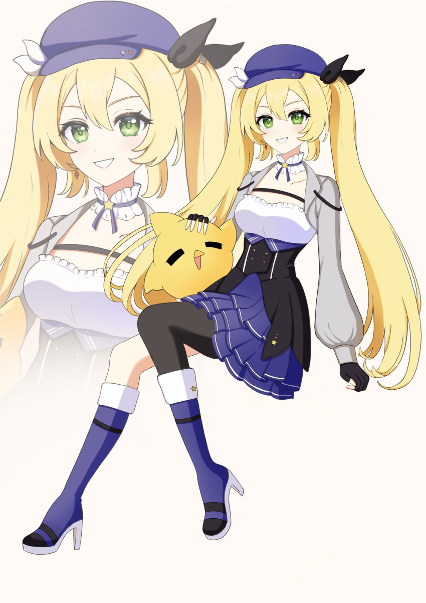 1girl blonde_hair blue_footwear blue_headwear blue_skirt boots breasts cropped_jacket dokibird_(vtuber) dragoon_(dokibird) fingerless_gloves full_body gloves green_eyes grey_jacket high_heel_boots high_heels highres indie_virtual_youtuber jacket long_hair looking_at_viewer medium_breasts simple_background single_leg_pantyhose sitting skirt smile solo twintails underbust virtual_youtuber white_background whoisidna