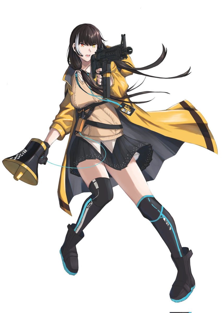 black_gloves black_hair citrus7763 colt_9mm_smg girls_frontline gloves highres instrument jacket long_hair multicolored_eyes multicolored_hair open_mouth ro635_(girls'_frontline) shirt solo trumpet yellow_jacket yellow_shirt