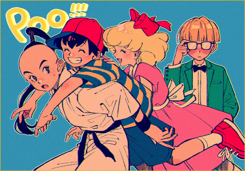 1girl 3boys ^_^ baseball_cap black_hair blonde_hair blue_background blush bow bowtie character_name closed_eyes closed_mouth dougi dress freckles glasses grin hair_bow hat highres jacket jeff_andonuts kwsby_124 mother_(game) mother_2 multiple_boys ness_(mother_2) opaque_glasses open_clothes open_jacket open_mouth paula_(mother_2) pink_dress poo_(mother_2) red_bow shirt shoes short_sleeves shorts simple_background smile socks striped_clothes striped_shirt sweat white_socks