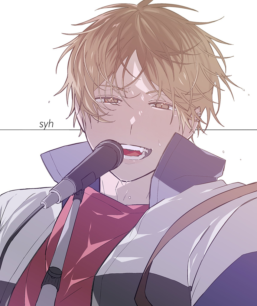 1boy blonde_hair ear_piercing given highres jacket kashima_hiiragi_(given) looking_at_viewer male_focus microphone microphone_stand multicolored_hair multiple_piercings oishii_dk open_mouth piercing portrait red_shirt shirt solo streaked_hair teeth tongue white_background yellow_eyes