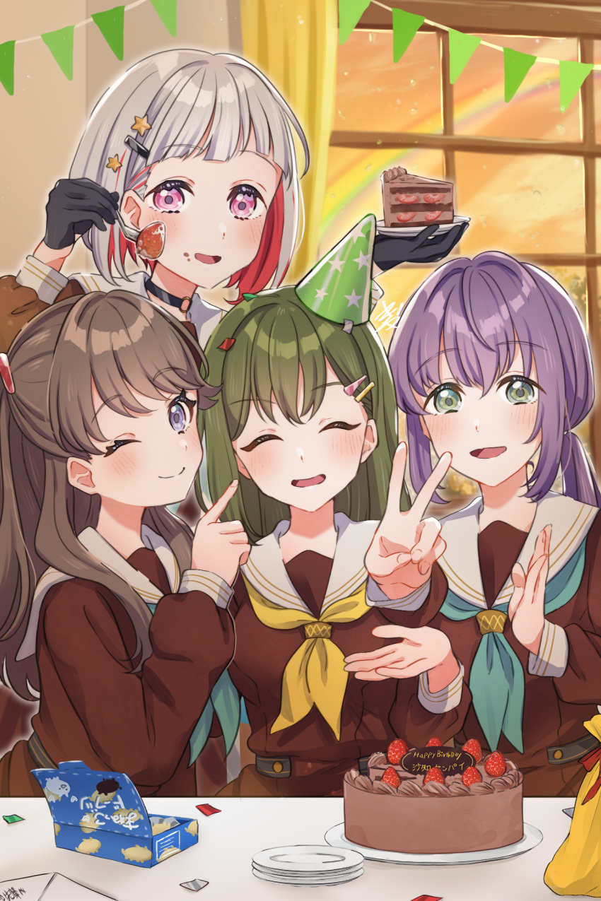 4girls alternate_hairstyle birthday_cake black_choker black_gloves blush brown_dress brown_hair cake choker closed_eyes closed_mouth colored_inner_hair commentary_request dress facing_viewer food food_on_face fork fruit fujishima_megumi gloves green_eyes green_hair green_headwear green_neckerchief grey_hair hair_ornament half_gloves happy_birthday hasu_no_sora_school_uniform hat highres holding holding_fork holding_plate indoors kyaku_tatsu link!_like!_love_live! long_hair long_sleeves looking_at_viewer love_live! multicolored_hair multiple_girls neckerchief one_eye_closed oogami_sachi otomune_kozue party_hat pennant pink_eyes plate pointing pointing_at_another ponytail purple_hair redhead sailor_collar school_uniform short_hair sidelocks star_(symbol) star_hair_ornament strawberry upper_body v violet_eyes white_sailor_collar yellow_neckerchief yugiri_tsuzuri