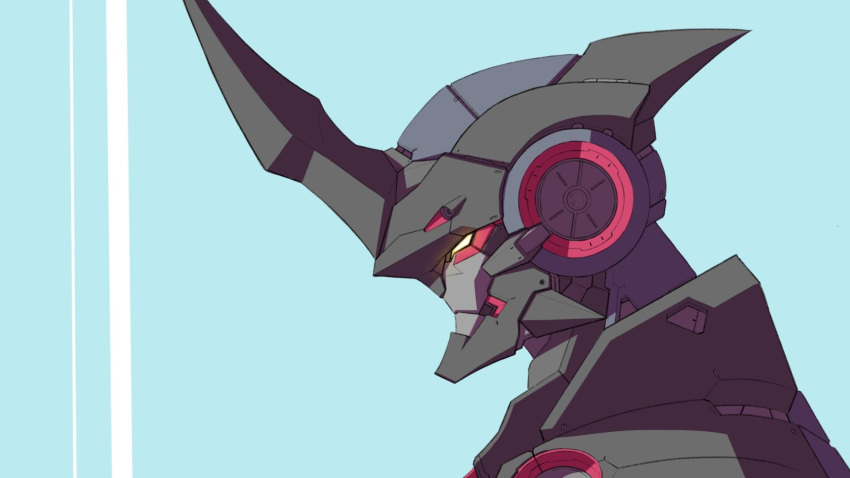 blue_background commentary_request ctpt9r from_side highres horns lazengann looking_ahead mecha mecha_focus no_humans portrait profile robot science_fiction single_horn solo super_robot tengen_toppa_gurren_lagann two-tone_background white_background yellow_eyes